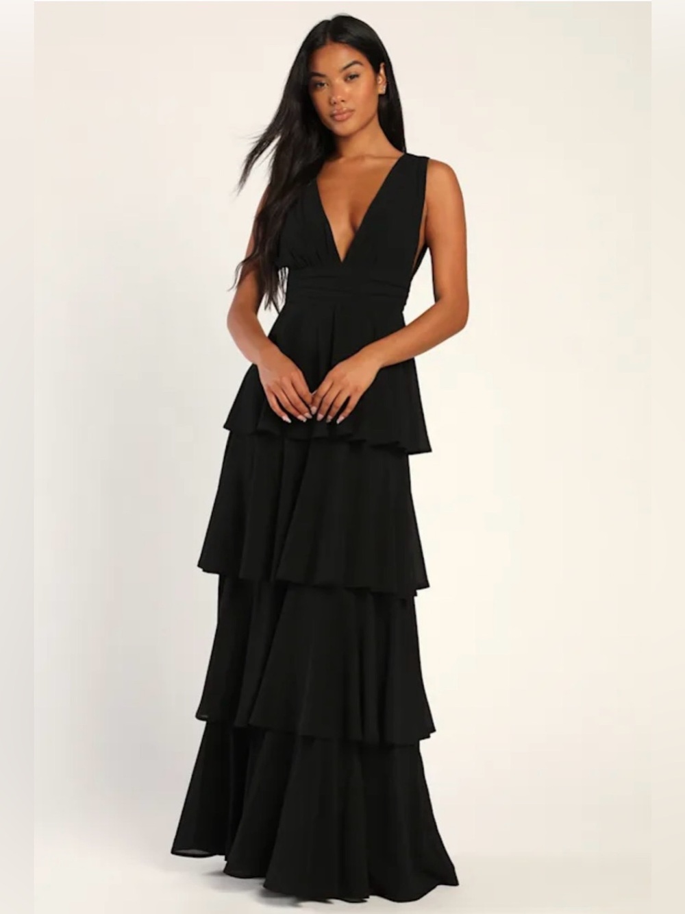 Lulus Amazing Evening Black Tiered Chiffon Maxi Dress NWT Size Small